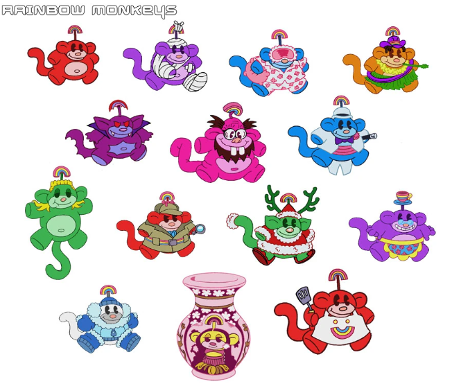 Official show art of many Rainbow Monkey varieties