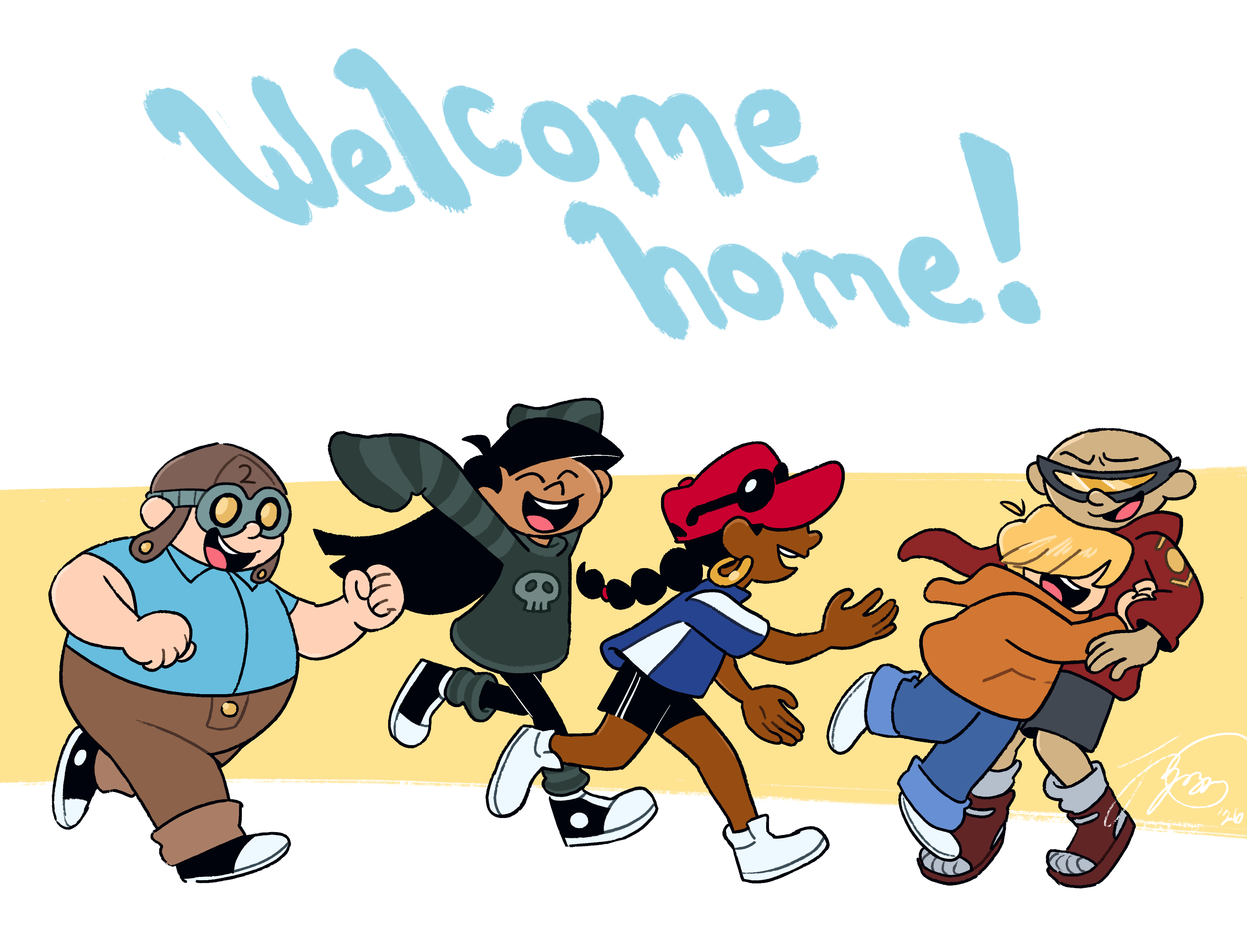 Sector V running up to greet Nigel, who is wearing his Galactic outfit. From right to left, Wally leaps into Nigel, giving him a big hug. Behind Wally, Abby is running up, wearing Nigel's sunglasses over her hat. Her iconic jersey is shorter on her now, and she is wearing black shorts. Behind her, Kuki is running up with her arms stretched over her head, with a big smile. Her usual sweater is now a dark, grey-ish green, with stripes along the sleeves and a skull in the center. Lastly, Hoagie runs up behind Kuki. He is wearing his normal outfit.